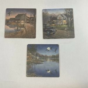 Set Of 3 SAM TIMM Nature Landscapes Birds Lakes 3.5" Square Cardboard Coasters